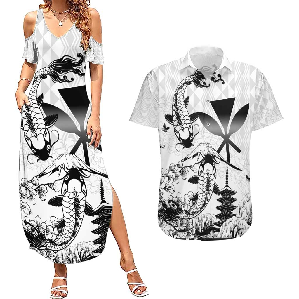 Japan And Hawaii Couples Matching Summer Maxi Dress and Hawaiian Shirt Sakura Koi Fish Hawaiian Lei Kanaka - Wonder Print Shop
