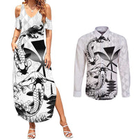 Japan And Hawaii Couples Matching Summer Maxi Dress and Long Sleeve Button Shirt Sakura Koi Fish Hawaiian Lei Kanaka - Wonder Print Shop