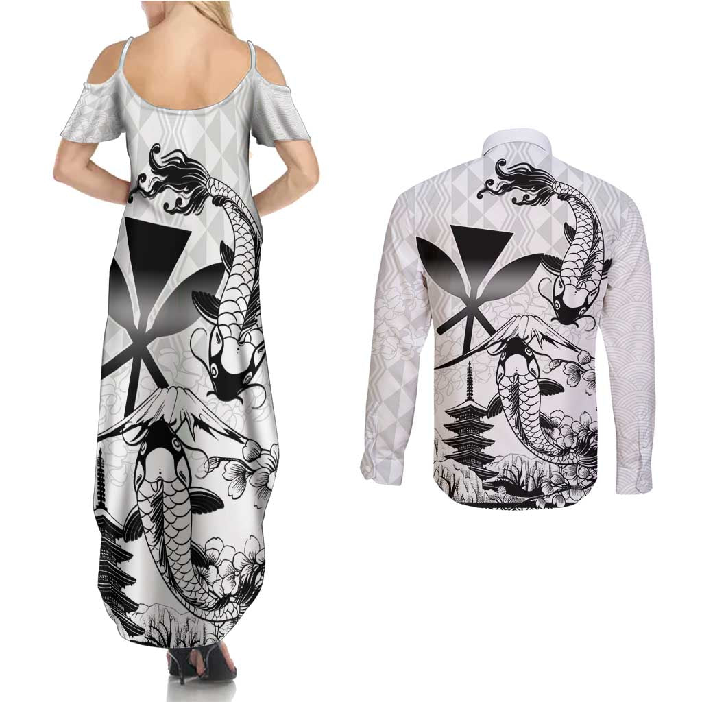 Japan And Hawaii Couples Matching Summer Maxi Dress and Long Sleeve Button Shirt Sakura Koi Fish Hawaiian Lei Kanaka - Wonder Print Shop