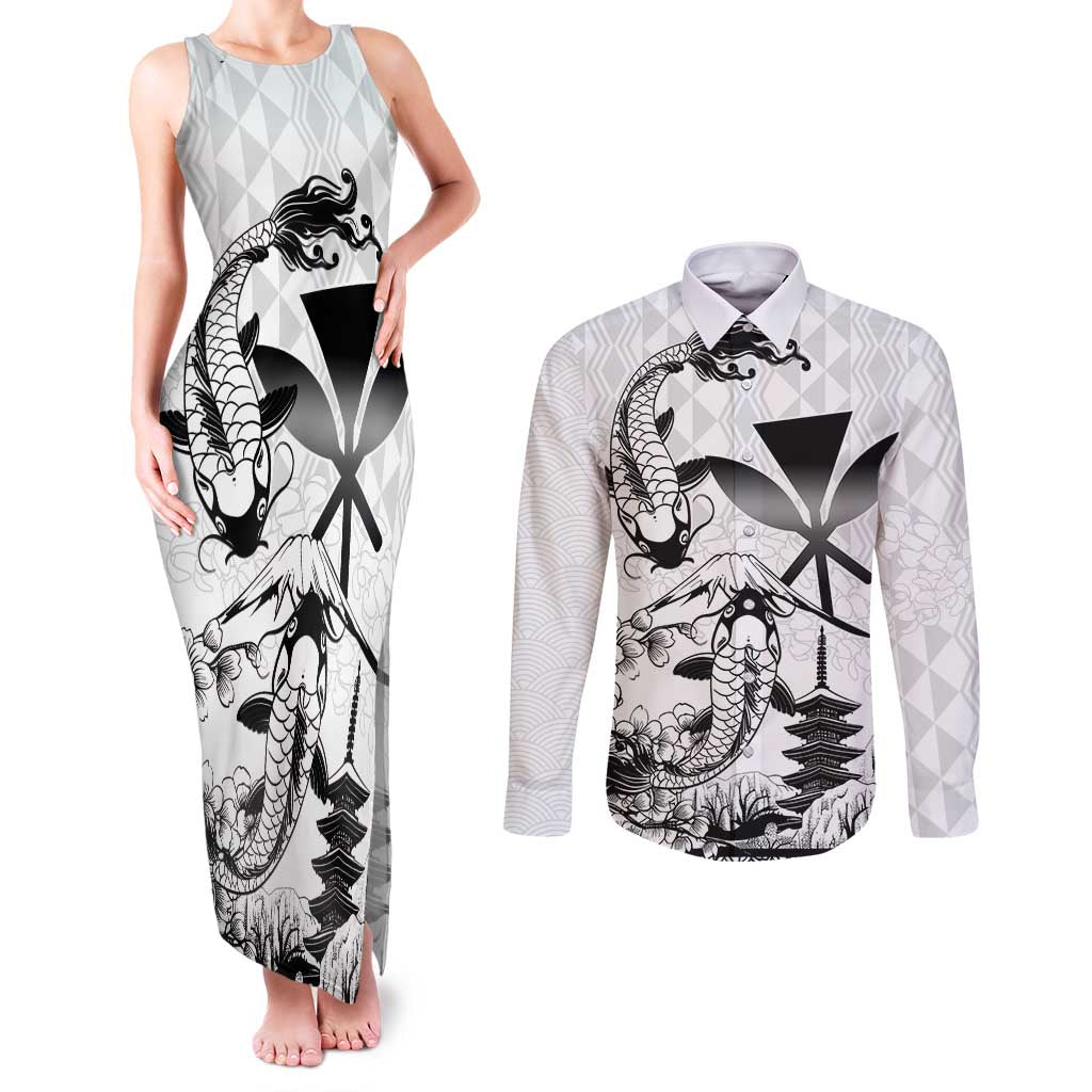 Japan And Hawaii Couples Matching Tank Maxi Dress and Long Sleeve Button Shirt Sakura Koi Fish Hawaiian Lei Kanaka - Wonder Print Shop