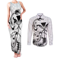 Japan And Hawaii Couples Matching Tank Maxi Dress and Long Sleeve Button Shirt Sakura Koi Fish Hawaiian Lei Kanaka - Wonder Print Shop