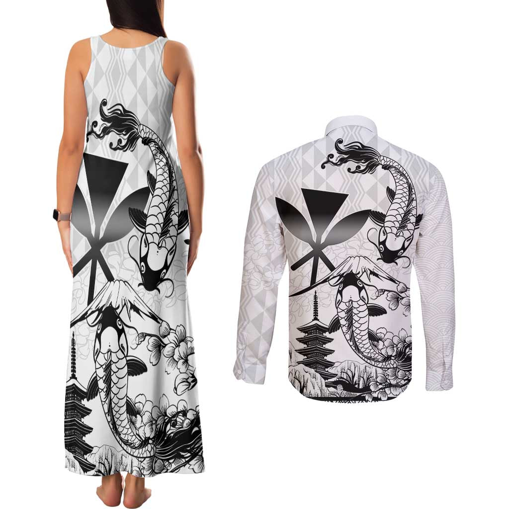 Japan And Hawaii Couples Matching Tank Maxi Dress and Long Sleeve Button Shirt Sakura Koi Fish Hawaiian Lei Kanaka - Wonder Print Shop