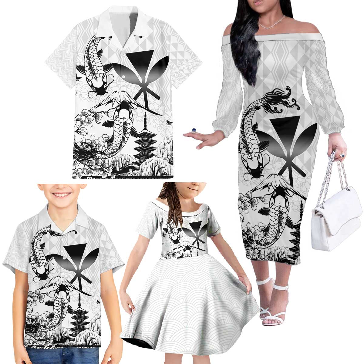 Japan And Hawaii Family Matching Off The Shoulder Long Sleeve Dress and Hawaiian Shirt Sakura Koi Fish Hawaiian Lei Kanaka - Wonder Print Shop