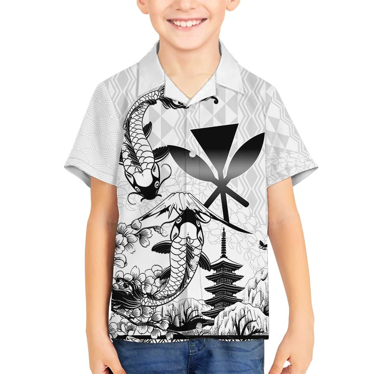 Japan And Hawaii Family Matching Off The Shoulder Long Sleeve Dress and Hawaiian Shirt Sakura Koi Fish Hawaiian Lei Kanaka - Wonder Print Shop