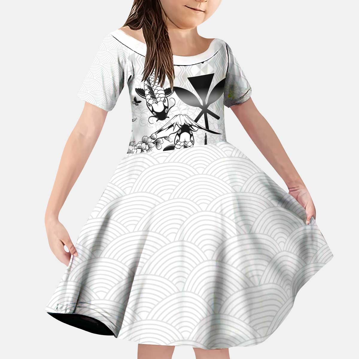 Japan And Hawaii Kid Short Sleeve Dress Sakura Koi Fish Hawaiian Lei Kanaka - Wonder Print Shop