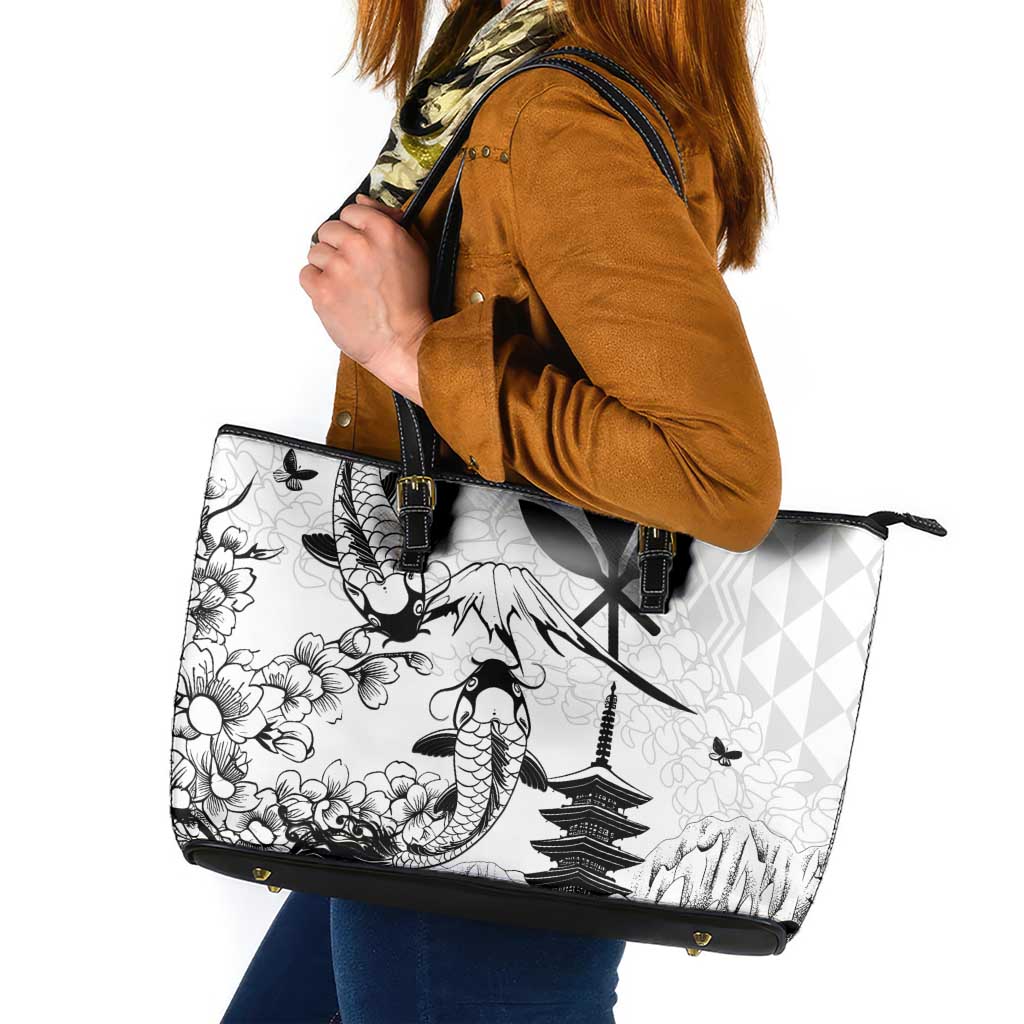 Japan And Hawaii Leather Tote Bag Sakura Koi Fish Hawaiian Lei Kanaka - Wonder Print Shop