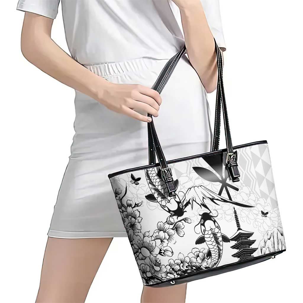 Japan And Hawaii Leather Tote Bag Sakura Koi Fish Hawaiian Lei Kanaka - Wonder Print Shop