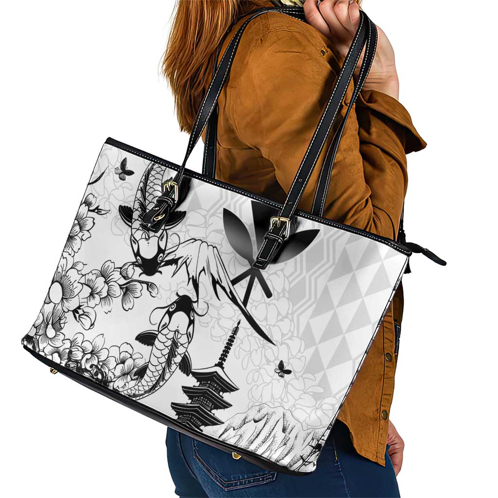 Japan And Hawaii Leather Tote Bag Sakura Koi Fish Hawaiian Lei Kanaka - Wonder Print Shop