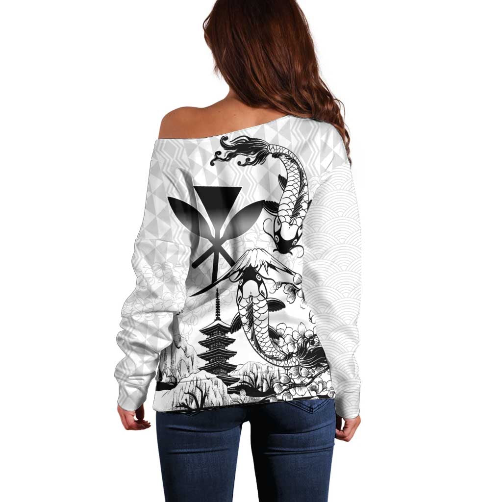 Japan And Hawaii Off Shoulder Sweater Sakura Koi Fish Hawaiian Lei Kanaka - Wonder Print Shop