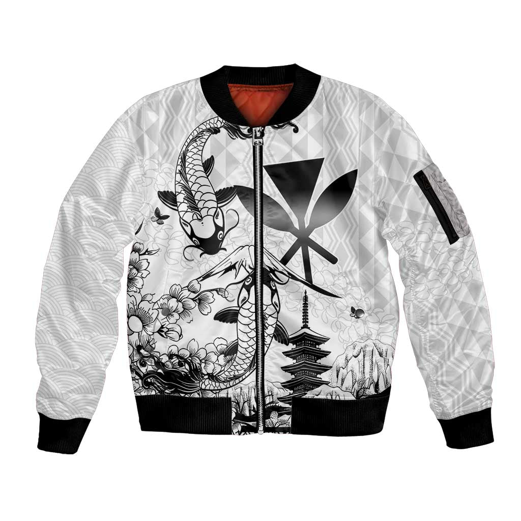 Japan And Hawaii Sleeve Zip Bomber Jacket Sakura Koi Fish Hawaiian Lei Kanaka - Wonder Print Shop