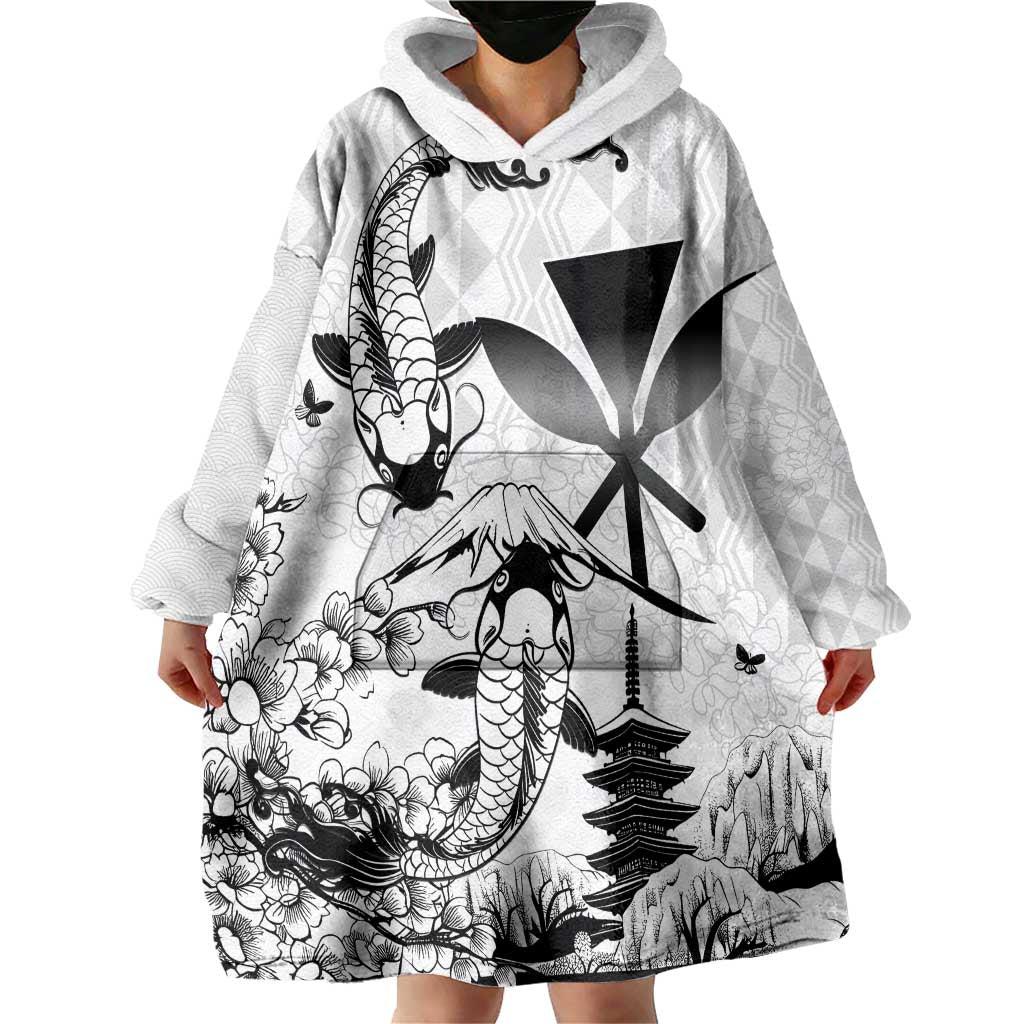 Japan And Hawaii Wearable Blanket Hoodie Sakura Koi Fish Hawaiian Lei Kanaka - Wonder Print Shop