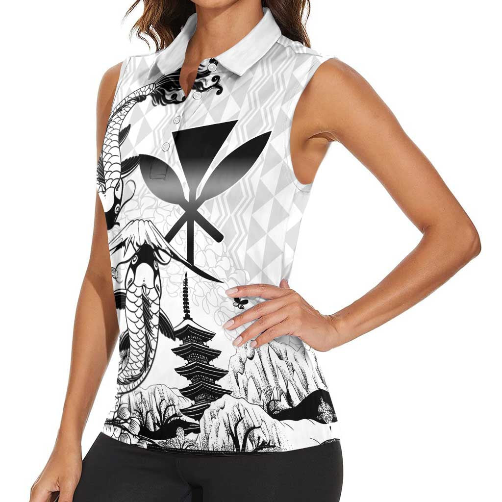 Japan And Hawaii Women Sleeveless Polo Shirt Sakura Koi Fish Hawaiian Lei Kanaka - Wonder Print Shop