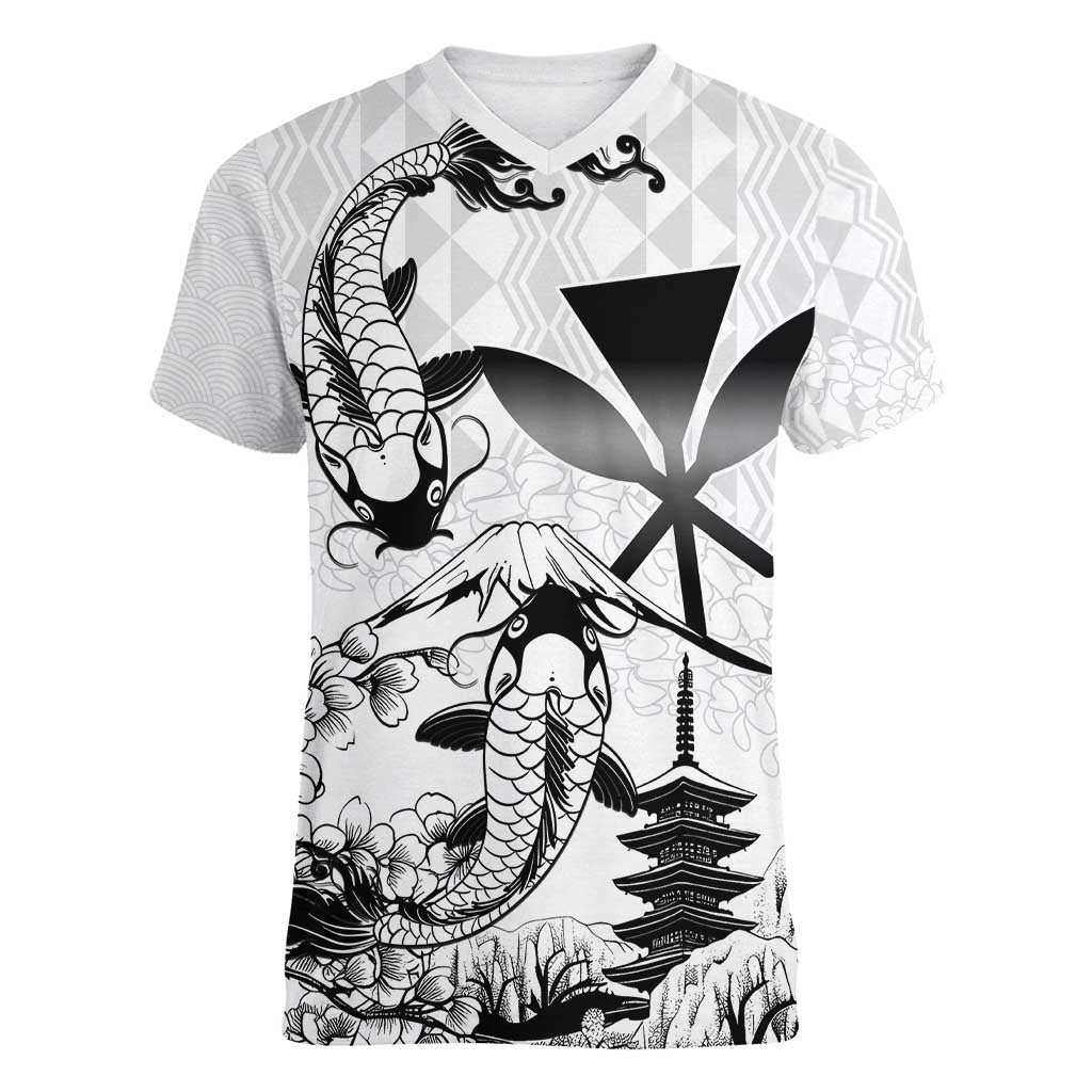Japan And Hawaii Women V-Neck T-Shirt Sakura Koi Fish Hawaiian Lei Kanaka - Wonder Print Shop