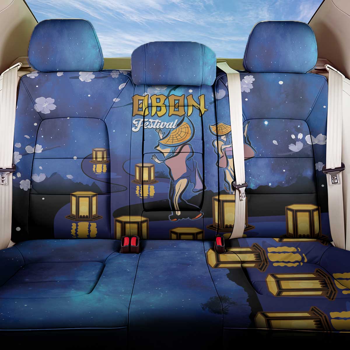Japan Obon Festival Back Car Seat Cover Sakura Lanterns With Bon Dance - Wonder Print Shop