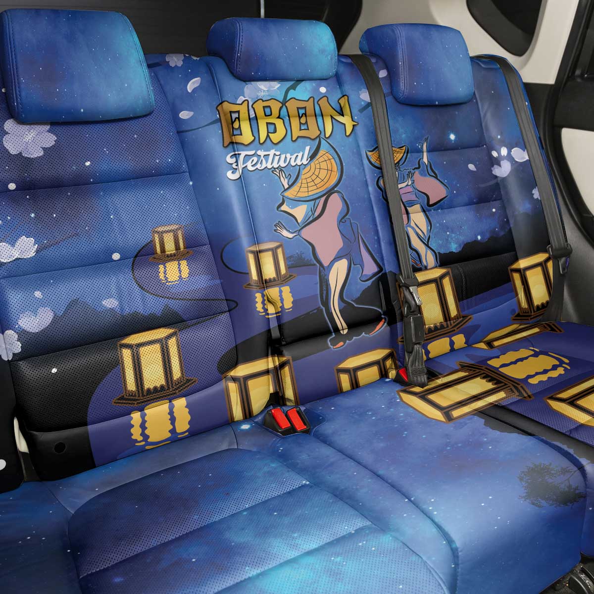 Japan Obon Festival Back Car Seat Cover Sakura Lanterns With Bon Dance - Wonder Print Shop