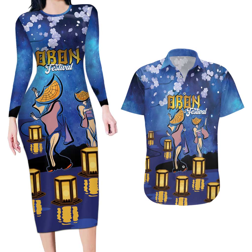 Japan Obon Festival Couples Matching Long Sleeve Bodycon Dress and Hawaiian Shirt Sakura Lanterns With Bon Dance - Wonder Print Shop
