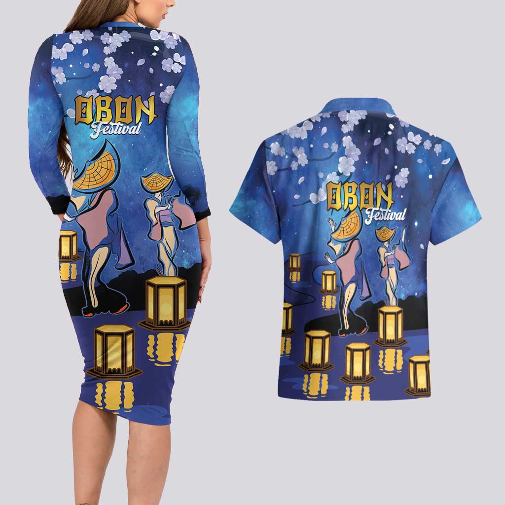 Japan Obon Festival Couples Matching Long Sleeve Bodycon Dress and Hawaiian Shirt Sakura Lanterns With Bon Dance - Wonder Print Shop