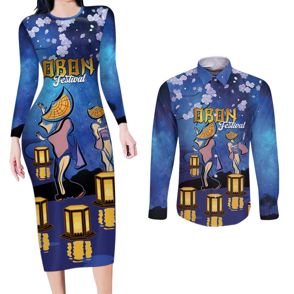 Japan Obon Festival Couples Matching Long Sleeve Bodycon Dress and Long Sleeve Button Shirt Sakura Lanterns With Bon Dance - Wonder Print Shop