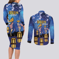 Japan Obon Festival Couples Matching Long Sleeve Bodycon Dress and Long Sleeve Button Shirt Sakura Lanterns With Bon Dance - Wonder Print Shop