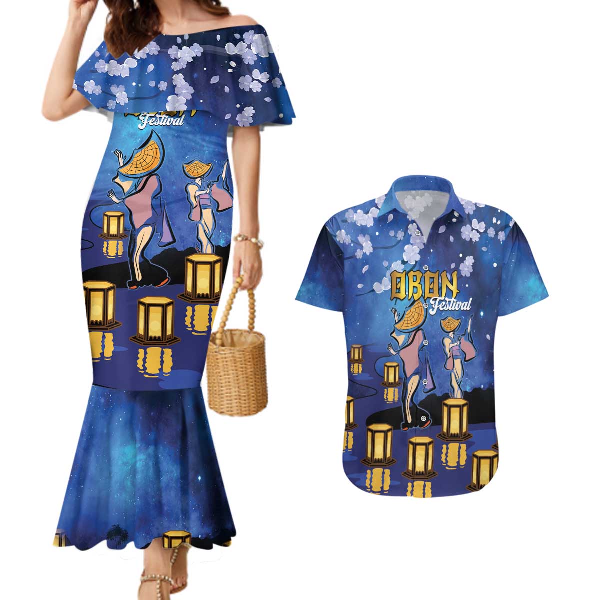 Japan Obon Festival Couples Matching Mermaid Dress and Hawaiian Shirt Sakura Lanterns With Bon Dance - Wonder Print Shop