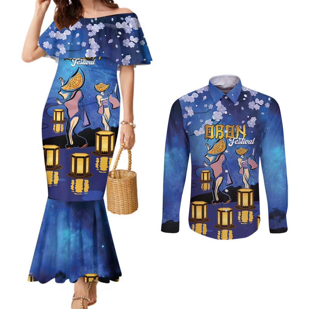 Japan Obon Festival Couples Matching Mermaid Dress and Long Sleeve Button Shirt Sakura Lanterns With Bon Dance - Wonder Print Shop