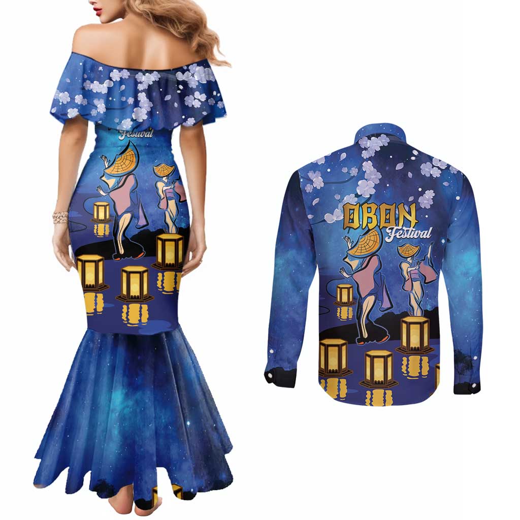 Japan Obon Festival Couples Matching Mermaid Dress and Long Sleeve Button Shirt Sakura Lanterns With Bon Dance - Wonder Print Shop