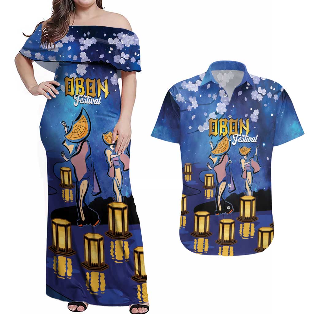 Japan Obon Festival Couples Matching Off Shoulder Maxi Dress and Hawaiian Shirt Sakura Lanterns With Bon Dance - Wonder Print Shop