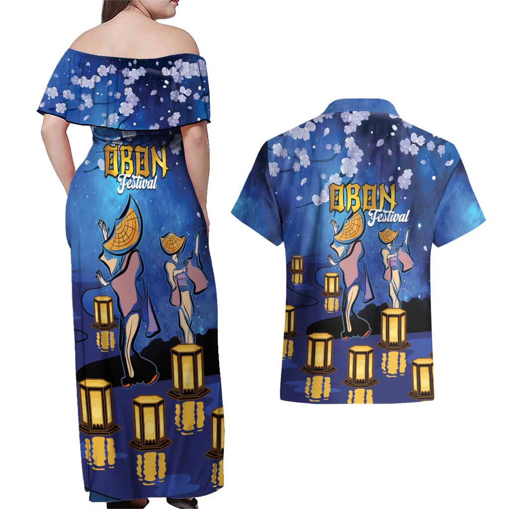 Japan Obon Festival Couples Matching Off Shoulder Maxi Dress and Hawaiian Shirt Sakura Lanterns With Bon Dance - Wonder Print Shop
