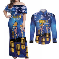Japan Obon Festival Couples Matching Off Shoulder Maxi Dress and Long Sleeve Button Shirt Sakura Lanterns With Bon Dance - Wonder Print Shop