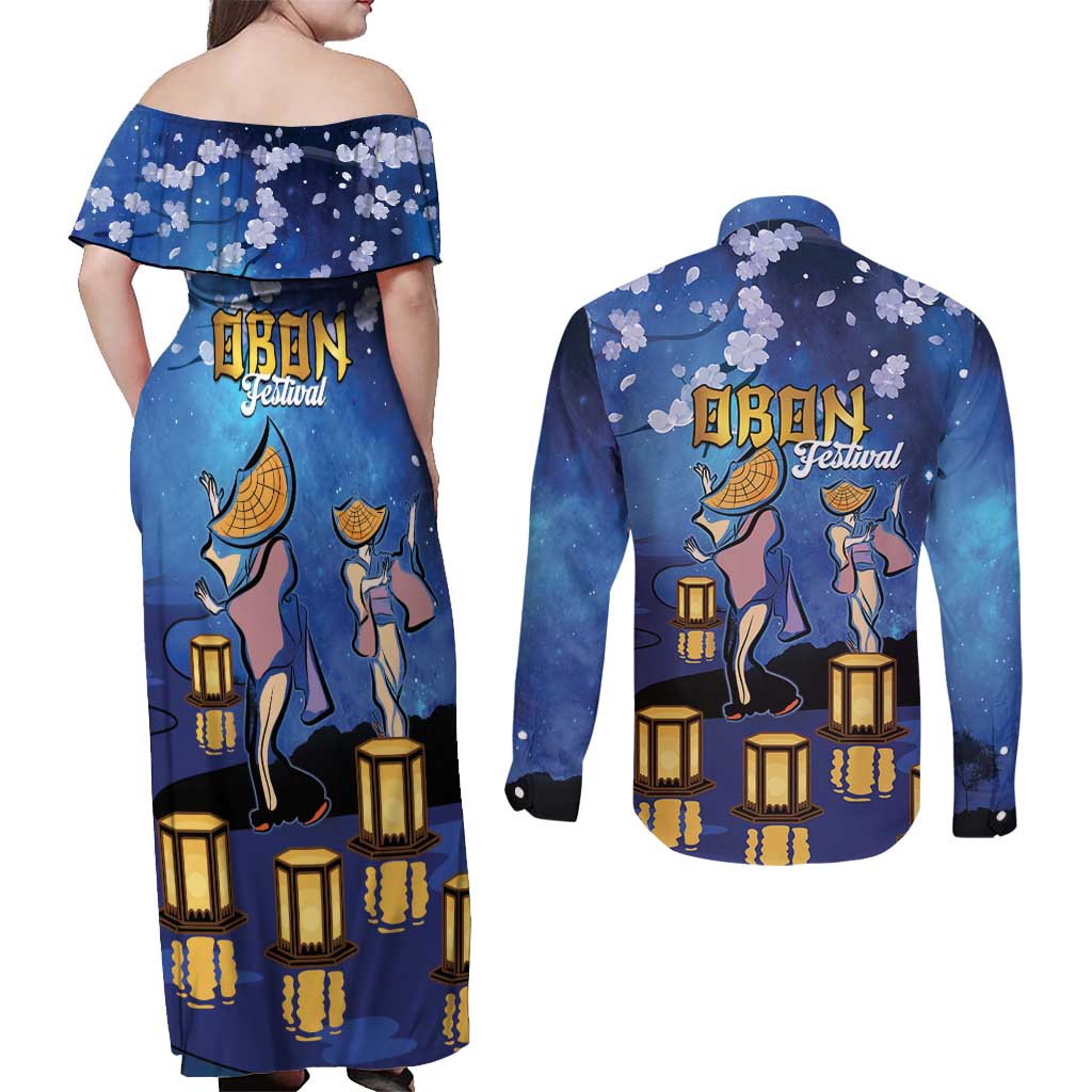 Japan Obon Festival Couples Matching Off Shoulder Maxi Dress and Long Sleeve Button Shirt Sakura Lanterns With Bon Dance - Wonder Print Shop