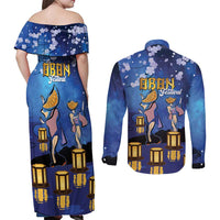 Japan Obon Festival Couples Matching Off Shoulder Maxi Dress and Long Sleeve Button Shirt Sakura Lanterns With Bon Dance - Wonder Print Shop