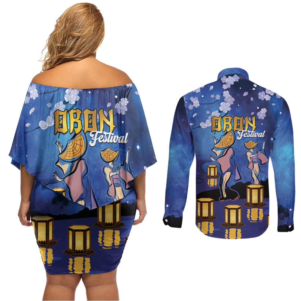 Japan Obon Festival Couples Matching Off Shoulder Short Dress and Long Sleeve Button Shirt Sakura Lanterns With Bon Dance - Wonder Print Shop