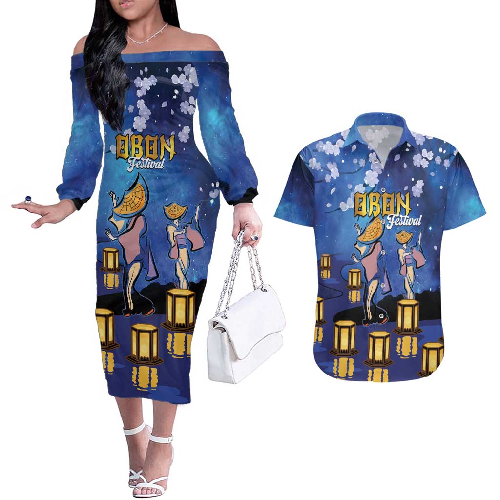 Japan Obon Festival Couples Matching Off The Shoulder Long Sleeve Dress and Hawaiian Shirt Sakura Lanterns With Bon Dance - Wonder Print Shop