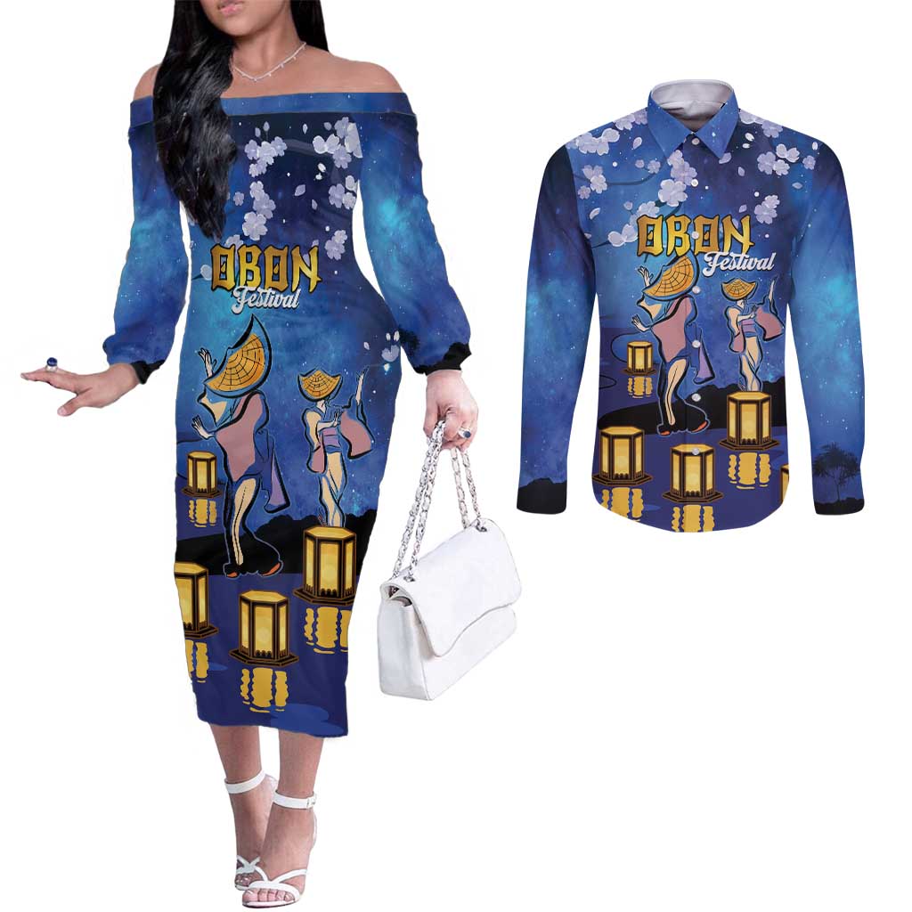 Japan Obon Festival Couples Matching Off The Shoulder Long Sleeve Dress and Long Sleeve Button Shirt Sakura Lanterns With Bon Dance - Wonder Print Shop