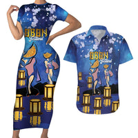 Japan Obon Festival Couples Matching Short Sleeve Bodycon Dress and Hawaiian Shirt Sakura Lanterns With Bon Dance - Wonder Print Shop