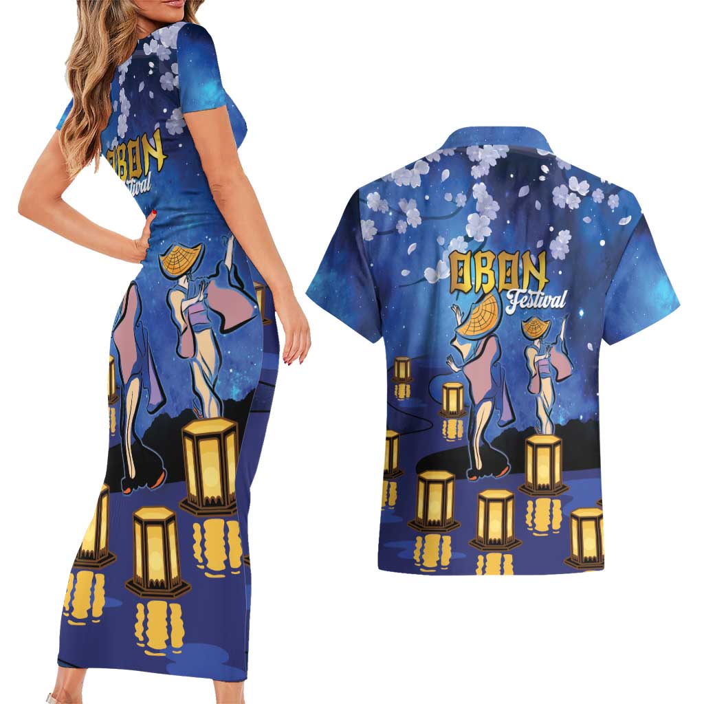 Japan Obon Festival Couples Matching Short Sleeve Bodycon Dress and Hawaiian Shirt Sakura Lanterns With Bon Dance - Wonder Print Shop