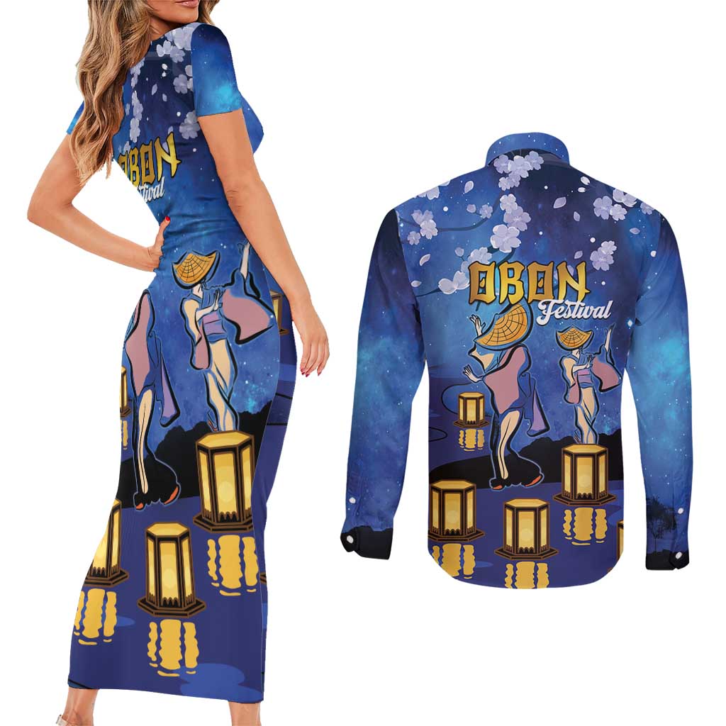 Japan Obon Festival Couples Matching Short Sleeve Bodycon Dress and Long Sleeve Button Shirt Sakura Lanterns With Bon Dance - Wonder Print Shop