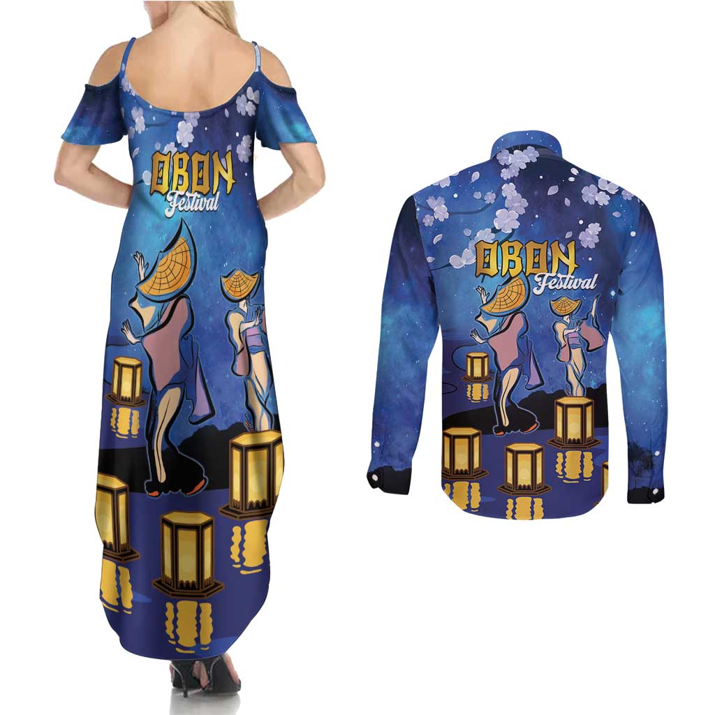 Japan Obon Festival Couples Matching Summer Maxi Dress and Long Sleeve Button Shirt Sakura Lanterns With Bon Dance - Wonder Print Shop