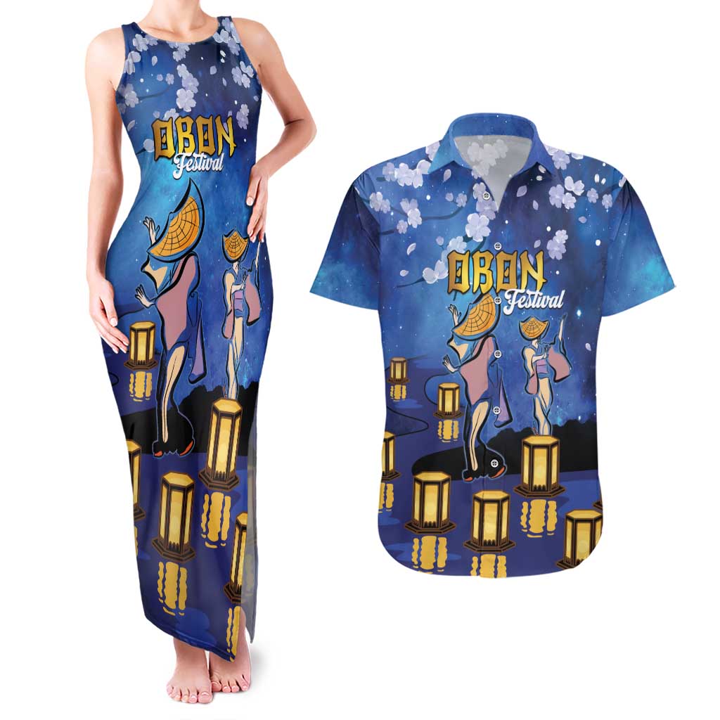 Japan Obon Festival Couples Matching Tank Maxi Dress and Hawaiian Shirt Sakura Lanterns With Bon Dance - Wonder Print Shop