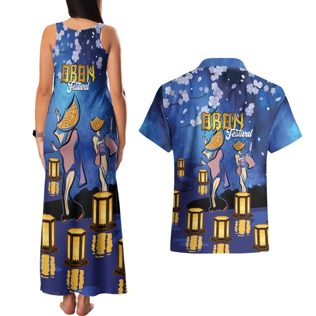 Japan Obon Festival Couples Matching Tank Maxi Dress and Hawaiian Shirt Sakura Lanterns With Bon Dance - Wonder Print Shop