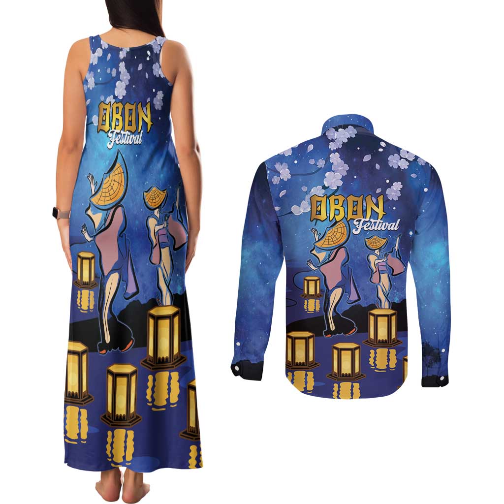 Japan Obon Festival Couples Matching Tank Maxi Dress and Long Sleeve Button Shirt Sakura Lanterns With Bon Dance - Wonder Print Shop