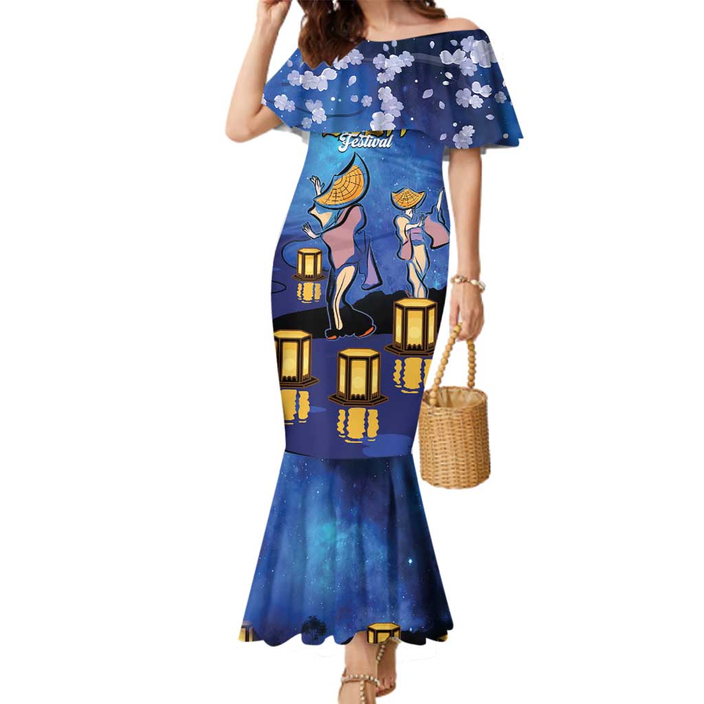 Japan Obon Festival Family Matching Mermaid Dress and Hawaiian Shirt Sakura Lanterns With Bon Dance - Wonder Print Shop
