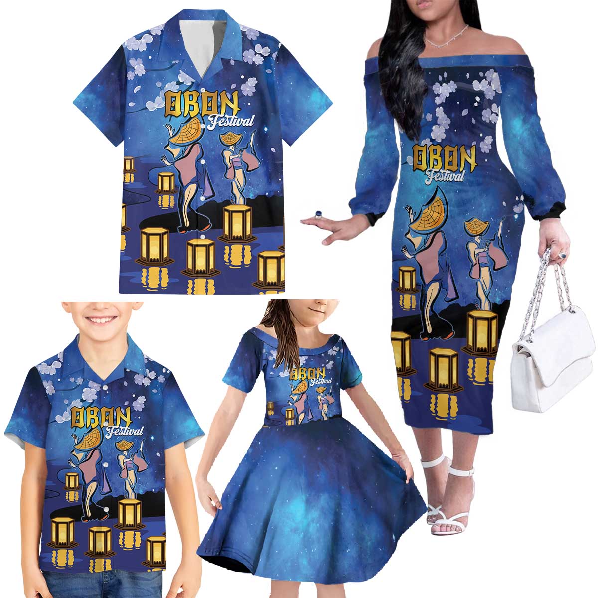 Japan Obon Festival Family Matching Off The Shoulder Long Sleeve Dress and Hawaiian Shirt Sakura Lanterns With Bon Dance - Wonder Print Shop