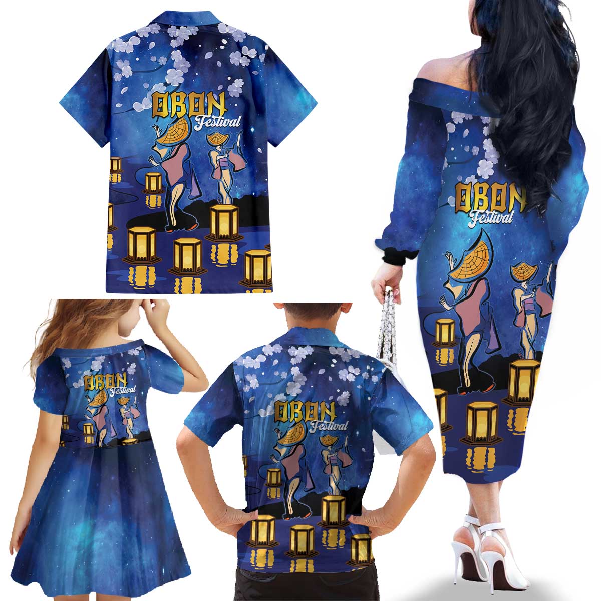 Japan Obon Festival Family Matching Off The Shoulder Long Sleeve Dress and Hawaiian Shirt Sakura Lanterns With Bon Dance - Wonder Print Shop
