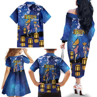 Japan Obon Festival Family Matching Off The Shoulder Long Sleeve Dress and Hawaiian Shirt Sakura Lanterns With Bon Dance - Wonder Print Shop