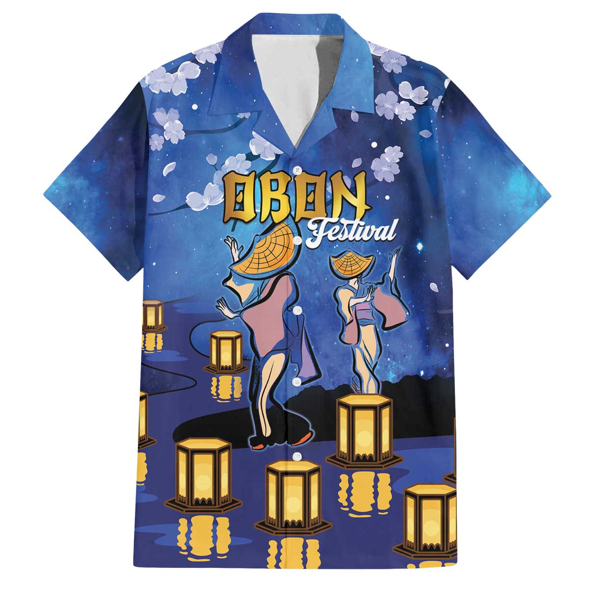 Japan Obon Festival Family Matching Off The Shoulder Long Sleeve Dress and Hawaiian Shirt Sakura Lanterns With Bon Dance - Wonder Print Shop
