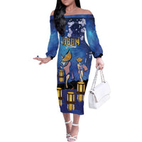 Japan Obon Festival Family Matching Off The Shoulder Long Sleeve Dress and Hawaiian Shirt Sakura Lanterns With Bon Dance - Wonder Print Shop