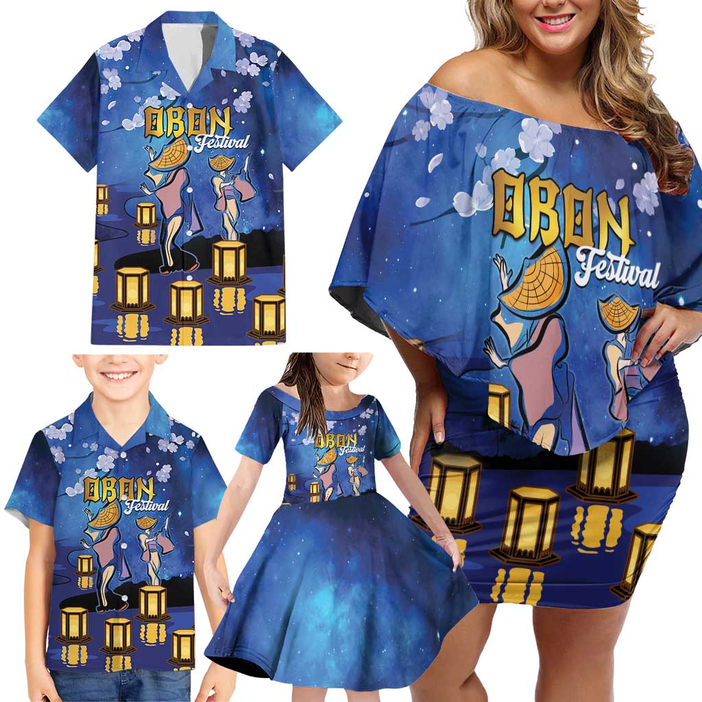 Japan Obon Festival Family Matching Off Shoulder Short Dress and Hawaiian Shirt Sakura Lanterns With Bon Dance - Wonder Print Shop