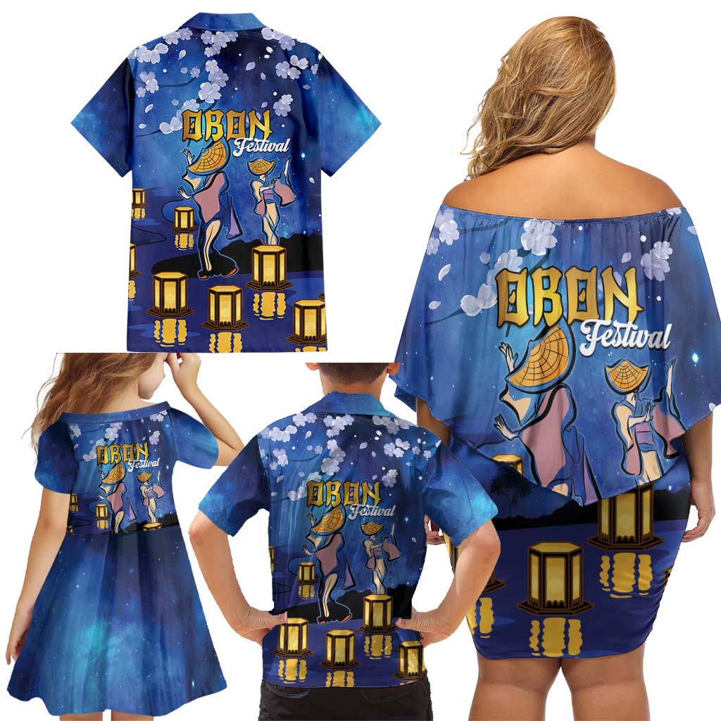 Japan Obon Festival Family Matching Off Shoulder Short Dress and Hawaiian Shirt Sakura Lanterns With Bon Dance - Wonder Print Shop