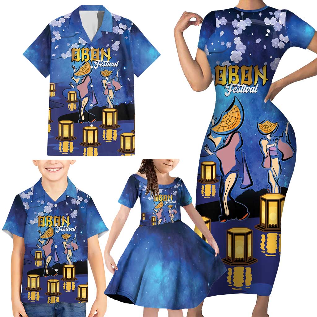 Japan Obon Festival Family Matching Short Sleeve Bodycon Dress and Hawaiian Shirt Sakura Lanterns With Bon Dance - Wonder Print Shop
